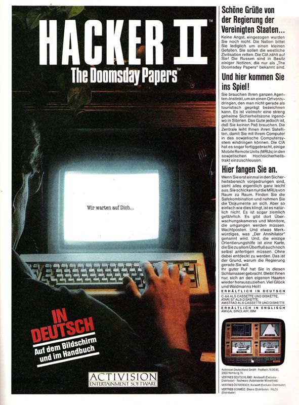 Hacker II: The Doomsday Papers Magazine Advertisement (Magazine Advertisements): ASM (Germany), Issue 01/1987