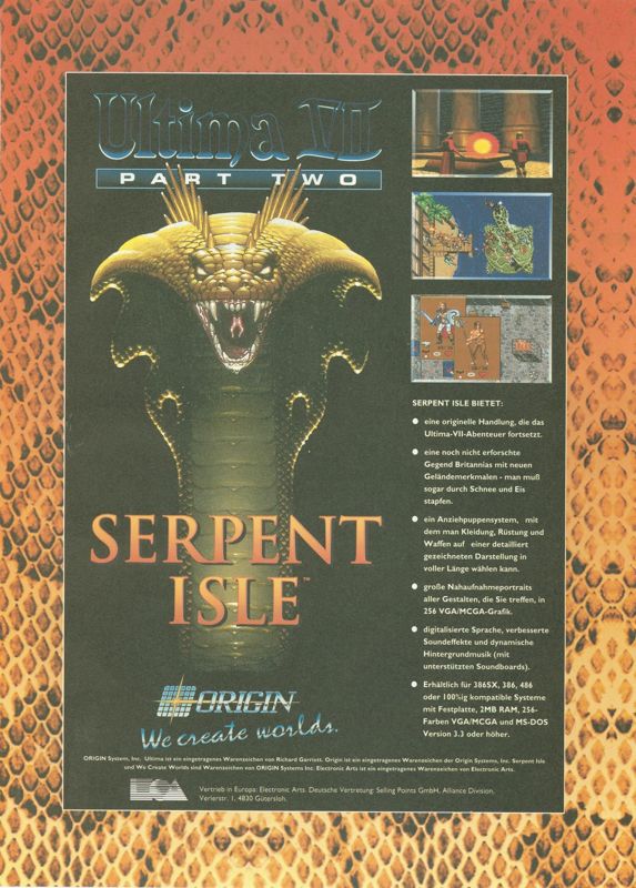Ultima VII: Part Two - Serpent Isle Magazine Advertisement (Magazine Advertisements): PC Player (Germany), Issue 04/1993