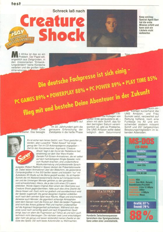 Creature Shock Magazine Advertisement (Magazine Advertisements): PC Player (Germany), Issue 01/1995