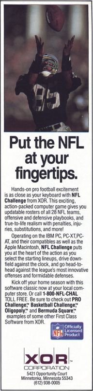 NFL Challenge Magazine Advertisement (Magazine Advertisements): Computer Gaming World (US), Number 52 (October 1988)