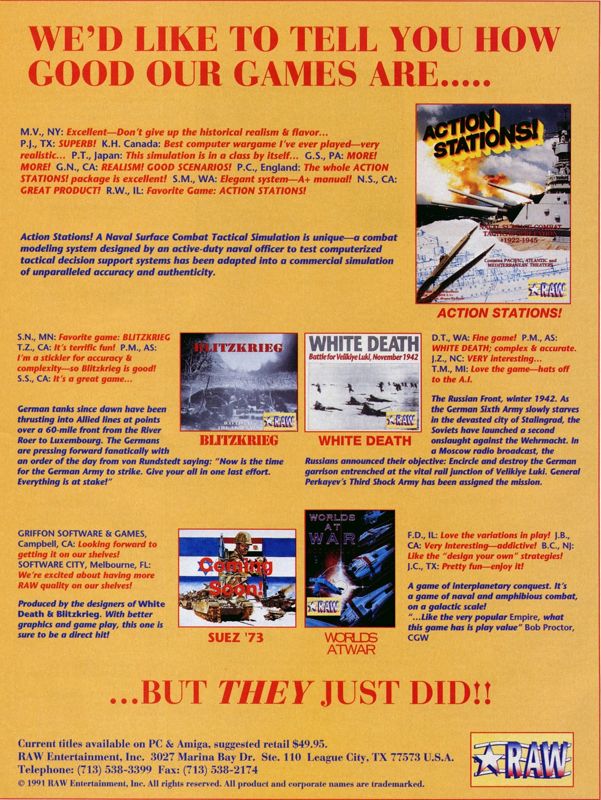 Action Stations! Magazine Advertisement (Magazine Advertisements): Computer Gaming World (US), Number 89 (December 1991)