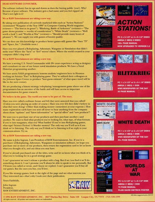 Action Stations! Magazine Advertisement (Magazine Advertisements): Computer Gaming World (US), Number 85 (August 1991)
