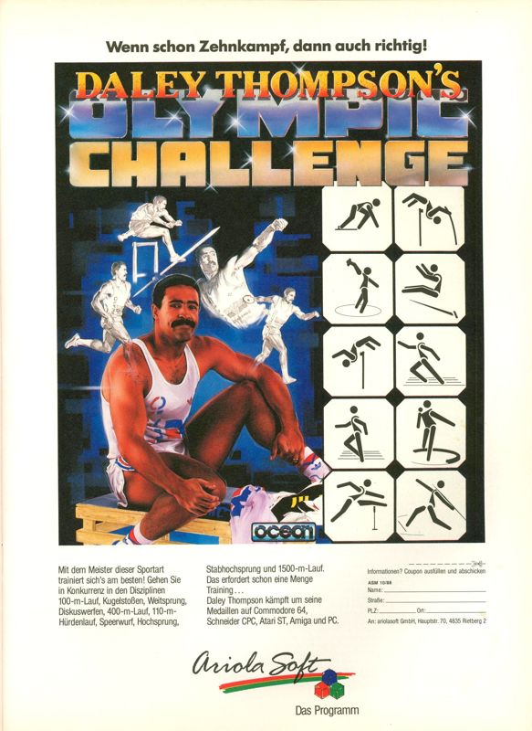 Daley Thompson's Olympic Challenge Magazine Advertisement (Magazine Advertisements): ASM (Germany), Issue 10/1988