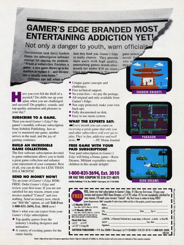 Paragon Magazine Advertisement (Magazine Advertisements): Computer Gaming World (US), Number 88 (November 1991)