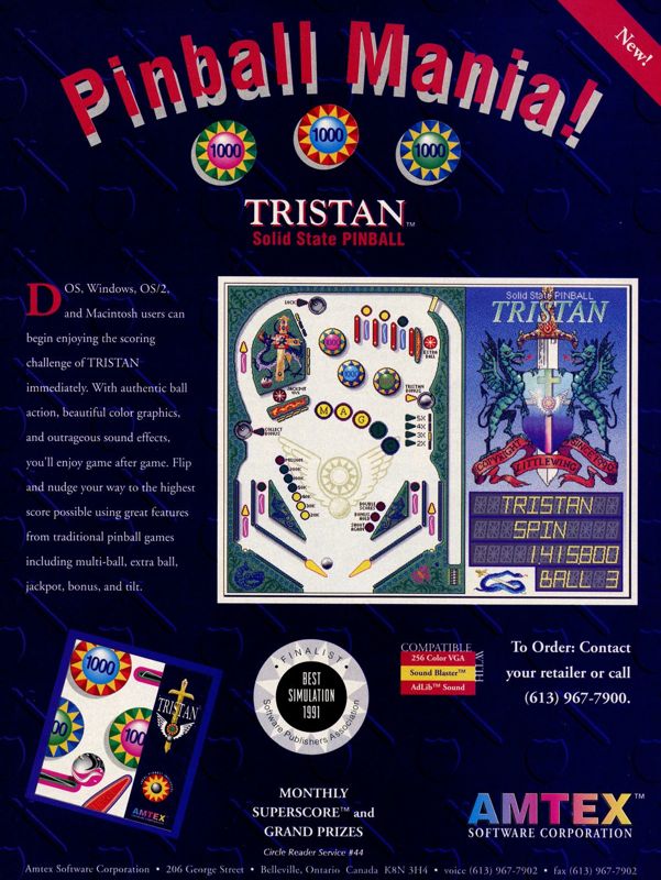 Solid State Pinball: Tristan Magazine Advertisement (Magazine Advertisements): Computer Gaming World (US), Number 97 (August 1992)