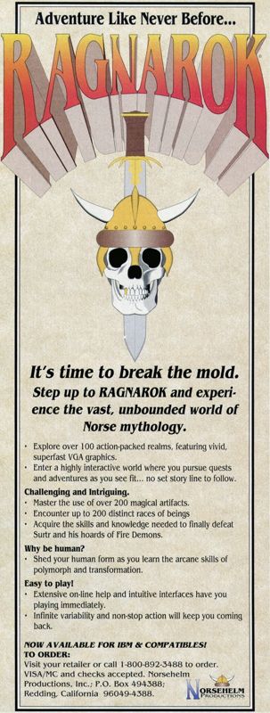 Ragnarok Magazine Advertisement (Magazine Advertisements): Computer Gaming World (US), Number 98 (September 1992)