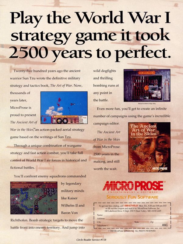The Ancient Art of War in the Skies Magazine Advertisement (Magazine Advertisements): Computer Gaming World (US), Number 100 (November 1992)