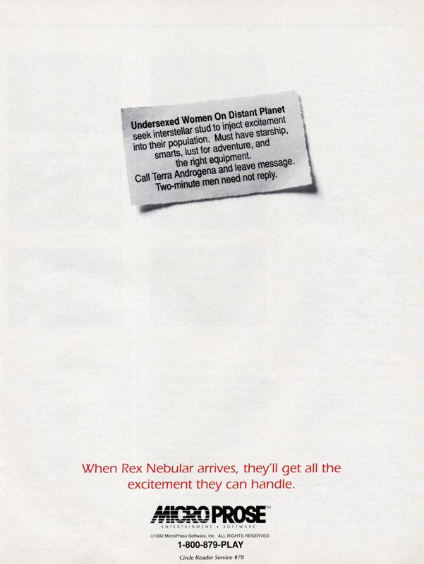 Rex Nebular and the Cosmic Gender Bender Magazine Advertisement (Magazine Advertisements): Computer Gaming World (US), Number 96 (July 1992)