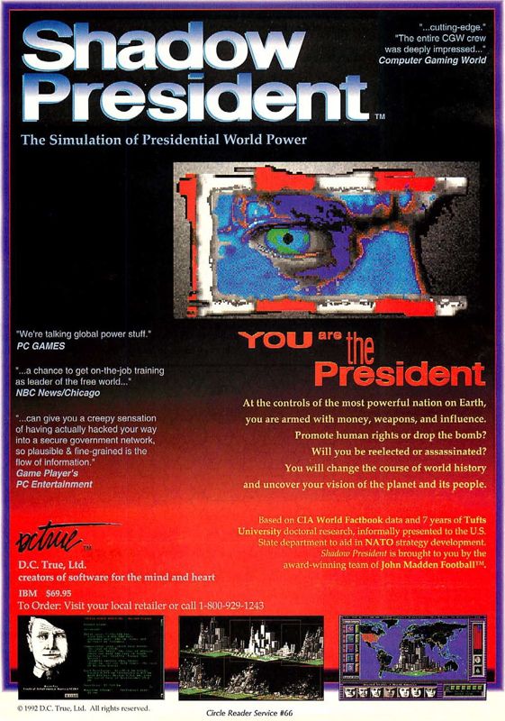 Shadow President Magazine Advertisement (Magazine Advertisements): Computer Gaming World (US), Number 101 (December 1992)