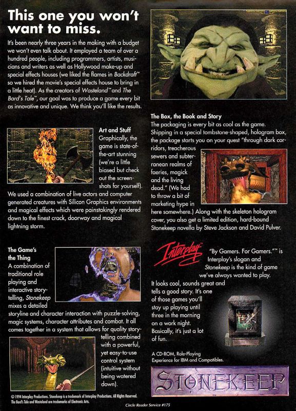 Stonekeep Magazine Advertisement (Magazine Advertisements): Computer Gaming World (US), Issue 125 (December 1994)