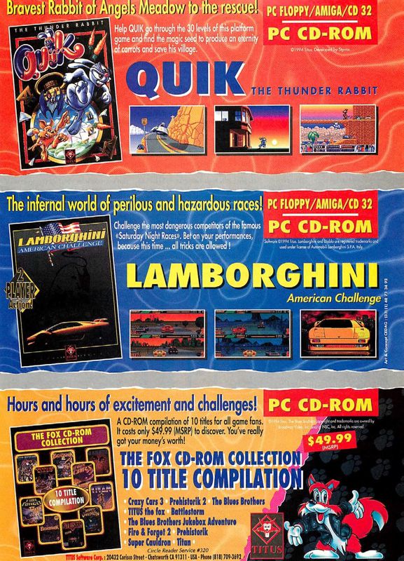 Quik the Thunder Rabbit Magazine Advertisement (Magazine Advertisements): Computer Gaming World (US), Issue 125 (December 1994)