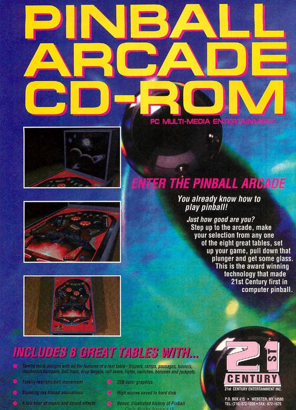 Pinball Arcade Magazine Advertisement (Magazine Advertisements): Computer Gaming World (US), Issue 126 (January 1995)