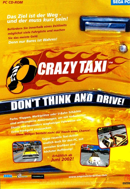 Crazy Taxi Magazine Advertisement (Magazine Advertisements): PC Games (Germany), Issue 08/2002