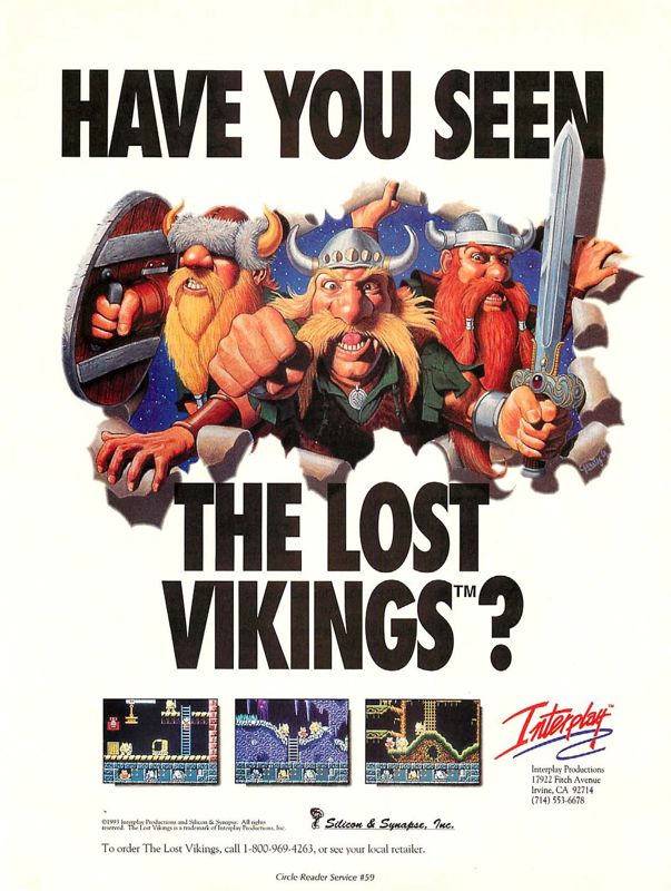 The Lost Vikings Magazine Advertisement (Magazine Advertisements): Computer Gaming World (US), Number 107 (June 1993)