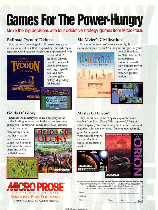 Fields of Glory Magazine Advertisement (Magazine Advertisements): Computer Gaming World (US), Number 109 (August 1993)