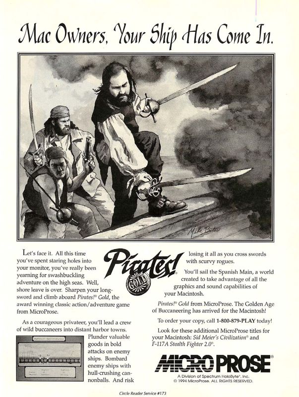 Pirates! Gold Magazine Advertisement (Magazine Advertisements): Computer Gaming World (United States), Issue 07/1994