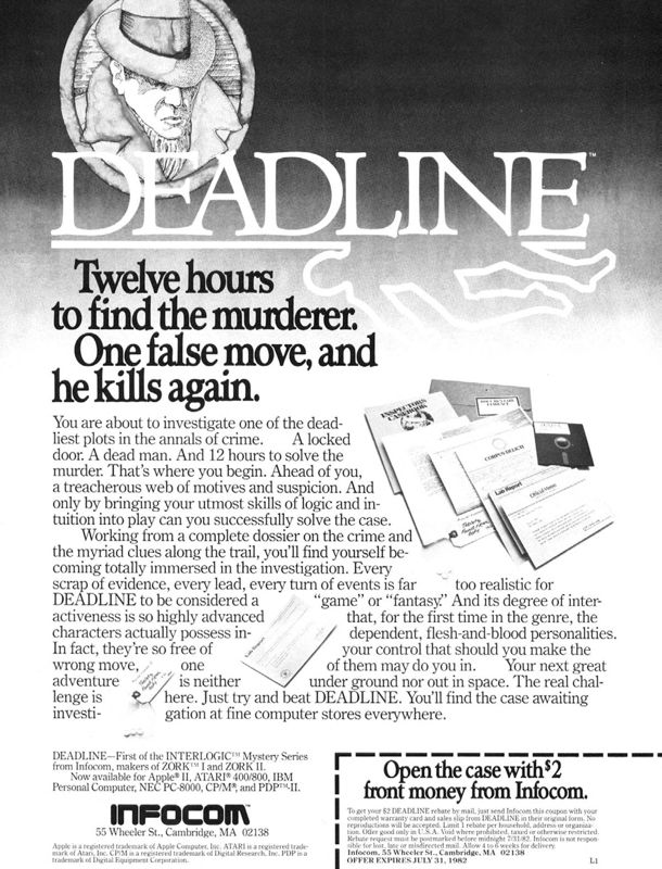 Deadline Magazine Advertisement (Magazine Advertisements): Softline (United States) Volume 1 Number 5 (May 1982)