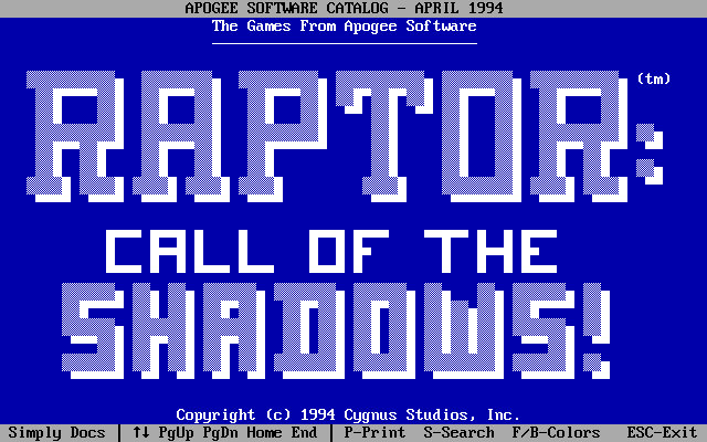 Raptor: Call of the Shadows Screenshot (Catalogue Advertisements): Apogee Software Catalog, April 1994