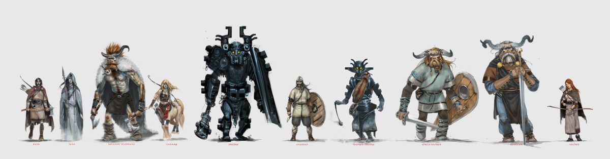 The Banner Saga Concept Art (Official gamepedia > Concept At): Early group concept art: Rook, Juno, Bolverk, Canary, Dredge Stoneguard, Raider, Dredge Fire Slinger, Iver, Warrior, Archer.