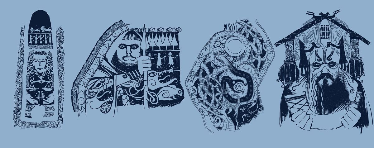 The Banner Saga Concept Art (Official gamepedia > Concept At): Denglr, Hridvaldyr, Radormyr and Bjorulf godstone designs.