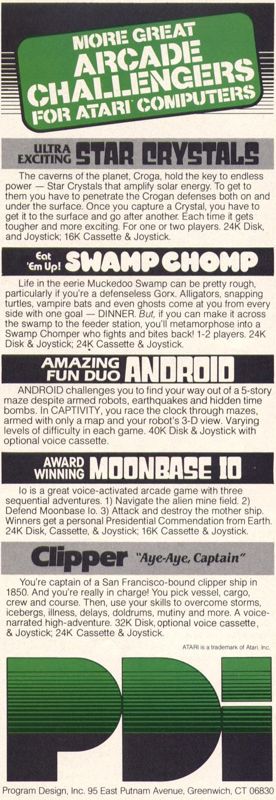 Moonbase Io Magazine Advertisement (Magazine Advertisements): Softline (United States) Volume 2 Number 4 (May - June 1983)