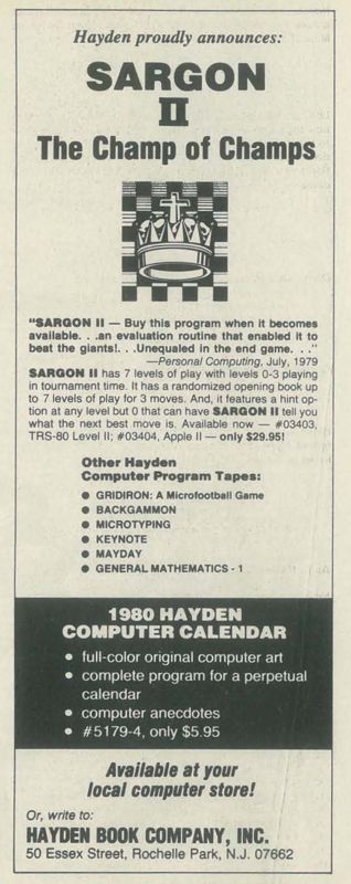 Sargon II Magazine Advertisement (Magazine Advertisements): Recreational Computing (United States) Vol 8 No 3 issue 43 nov-dec 1979 (page 31)