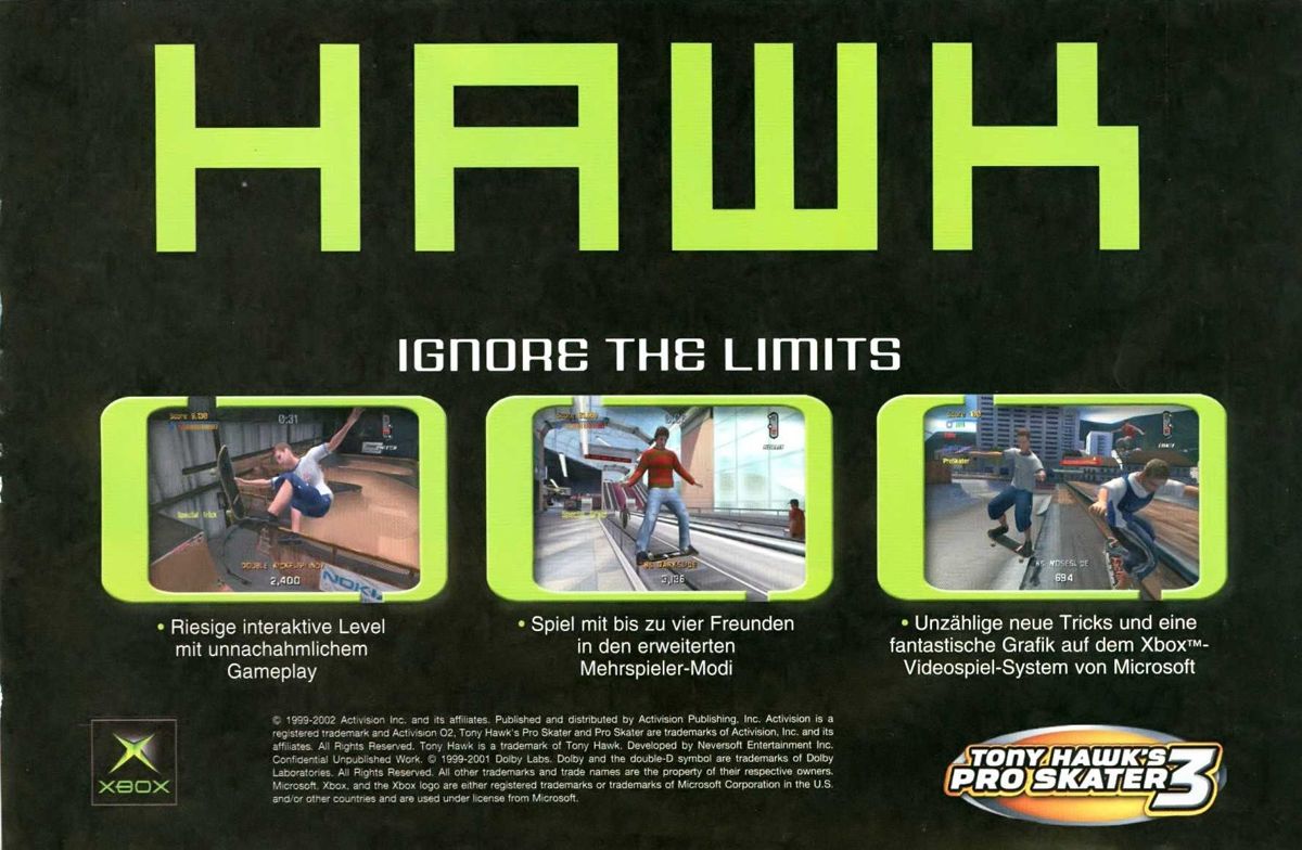 Tony Hawk's Pro Skater 3 Magazine Advertisement (Magazine Advertisements): PC Games (Germany), Issue 04/2002 Part 2