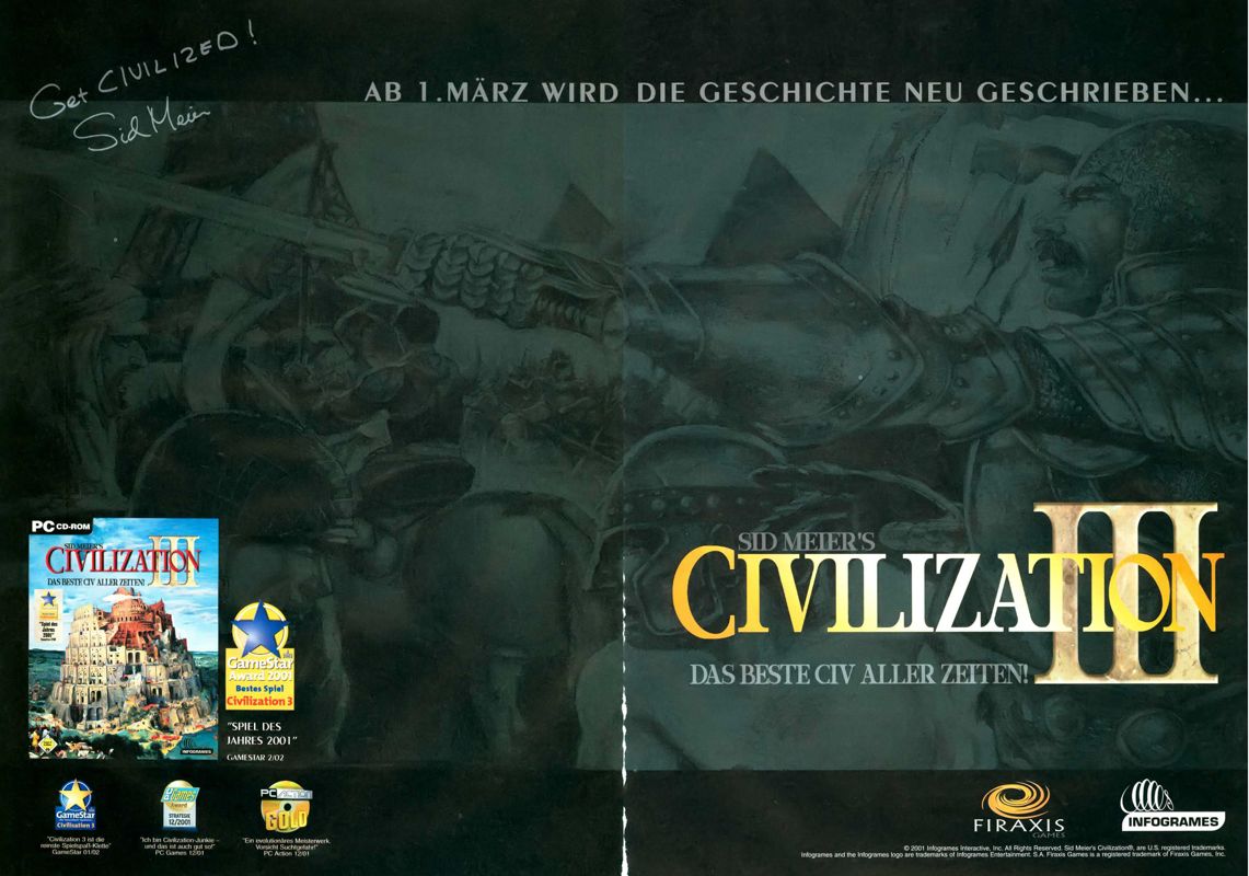 Sid Meier's Civilization III Magazine Advertisement (Magazine Advertisements): PC Games (Germany), Issue 03/2002