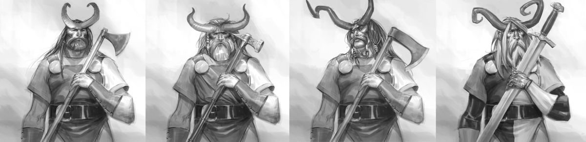 The Banner Saga Concept Art (Official gamepedia > Concept Art): Warrior class unit-portraits: Warmaster, Warleader, Wardog, Warhawk