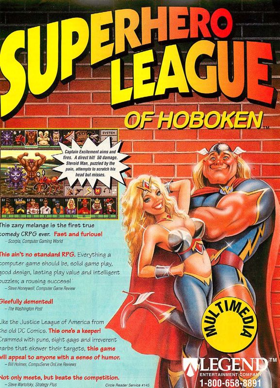 Superhero League of Hoboken Magazine Advertisement (Magazine Advertisements): Computer Gaming World (US), Issue 129 (April 1995)