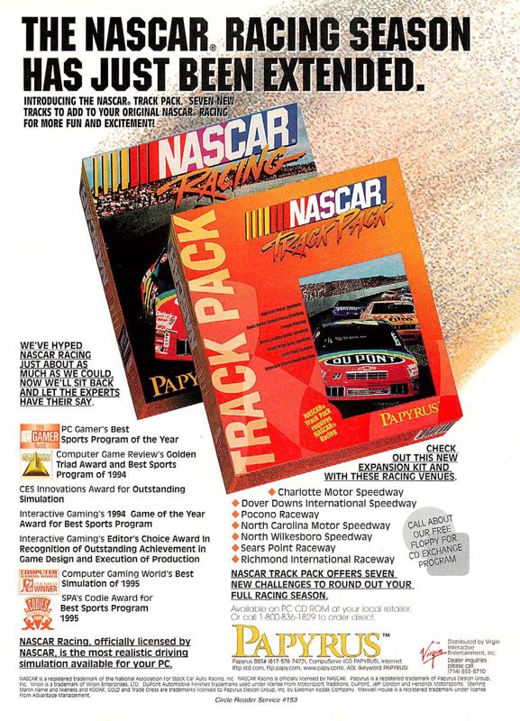 NASCAR: Track Pack Magazine Advertisement (Magazine Advertisements): Computer Gaming World (US), Issue 130 (May 1995)