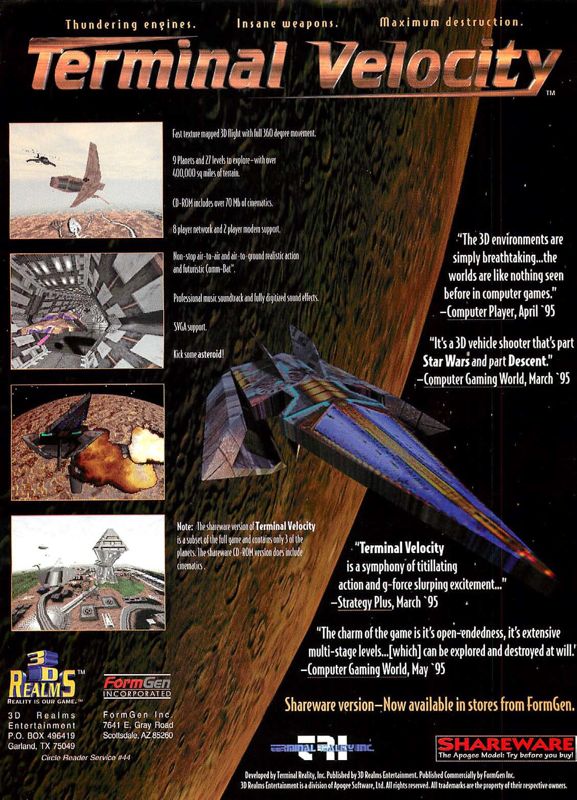 Terminal Velocity Magazine Advertisement (Magazine Advertisements): Computer Gaming World (US), Issue 131 (June 1995)
