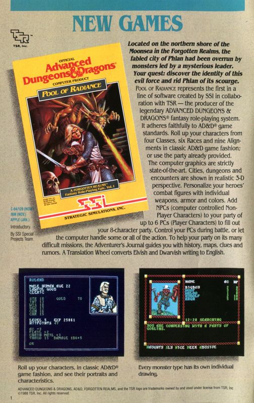 Pool of Radiance Catalogue (Catalogue Advertisements): SSI Catalog (Fall 1988 / Winter 1989)