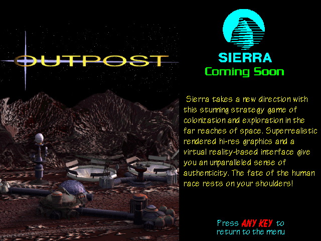 Outpost Screenshot (Sierra's Sneak Peeks (1993)): Self Running Screen Display AUTODEMO/OUTPOST.PCX