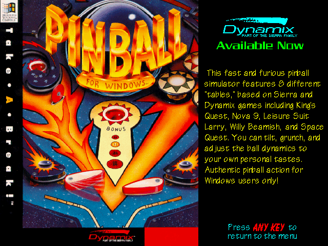 Take a Break! Pinball Other (Sierra's Sneak Peeks (1993)): Self Running Screen Display AUTODEMO/PINBALL.PCX