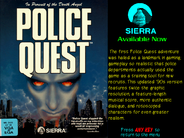 Police Quest: In Pursuit of the Death Angel Other (Sierra's Sneak Peeks (1993)): Self Running Display Screen AUTODEMO/PQ1.PCX
