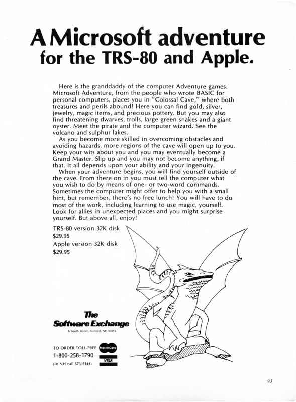 Microsoft Adventure Magazine Advertisement (Magazine Advertisements):<br> SoftSide (United States) Volume 3 Number 1 (October 1980)