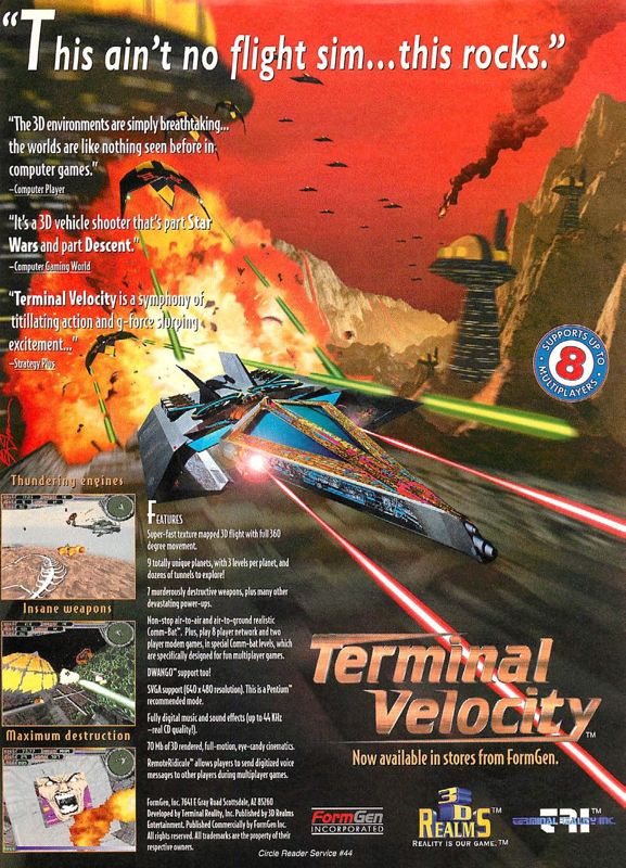 Terminal Velocity Magazine Advertisement (Magazine Advertisements): Computer Gaming World (US), Issue 134 (September 1995)