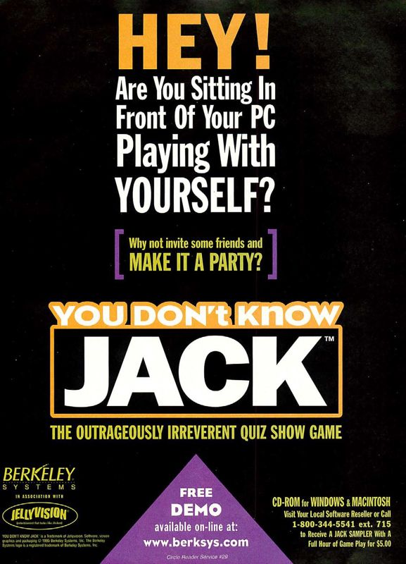 You Don't Know Jack Magazine Advertisement (Magazine Advertisements): Computer Gaming World (US), Issue 134 (September 1995)