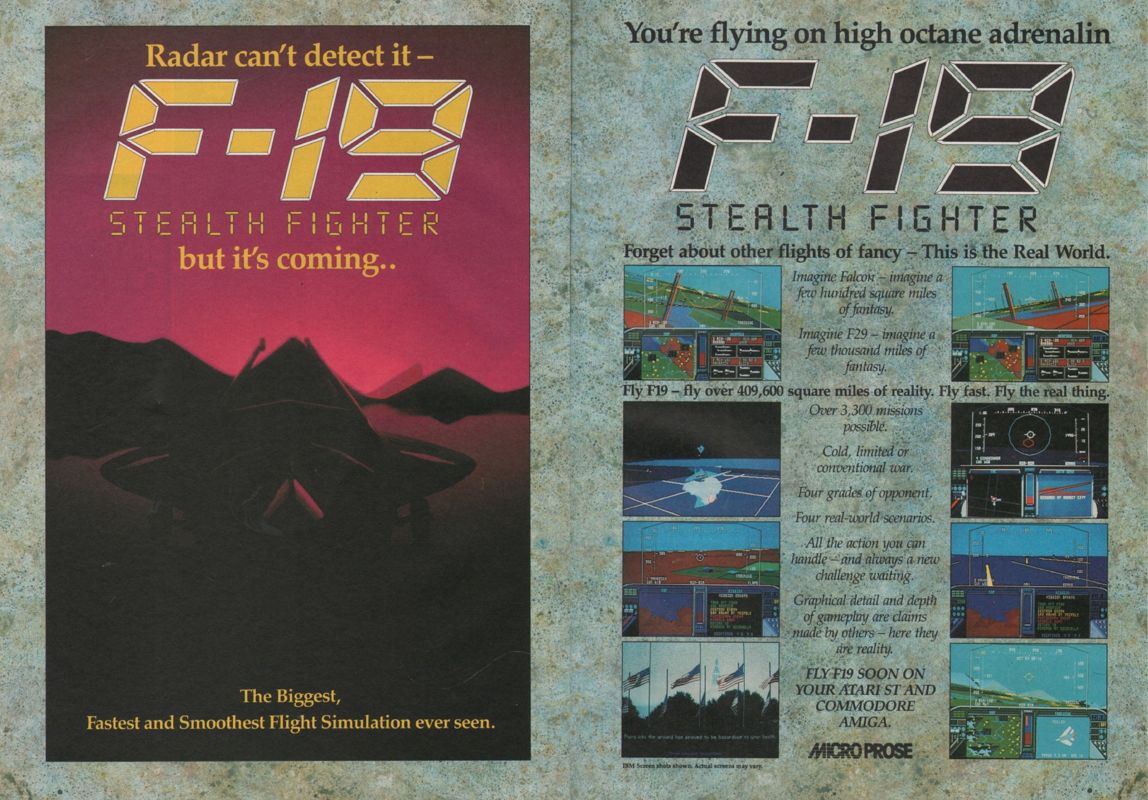F-19 Stealth Fighter Magazine Advertisement (Magazine Advertisements): CU Amiga Magazine (UK) Issue #4 (June 1990). Courtesy of the Internet Archive. Pages 36-37