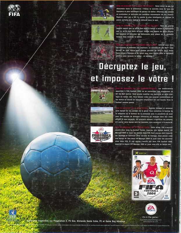 FIFA Soccer 2004 Magazine Advertisement (Magazine Advertisements): Xbox : Le Magazine Officiel (France), Issue 21 (November 2003)