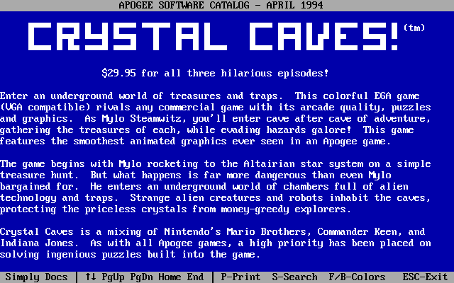 Crystal Caves Screenshot (Catalogue Advertisements): Apogee software catalog, April 1994