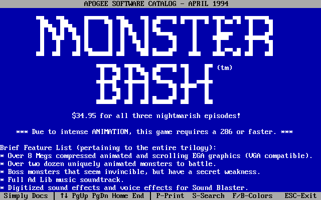 Monster Bash Screenshot (Catalogue Advertisements): Apogee software catalog, April 1994