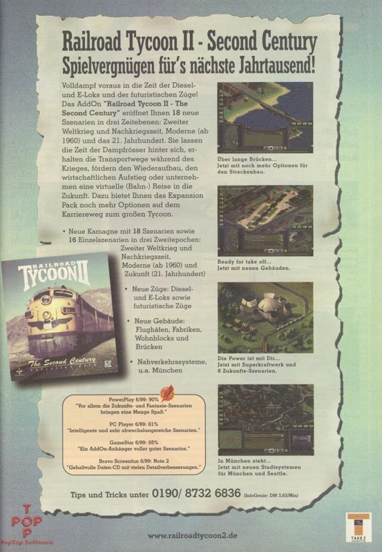 Railroad Tycoon II: The Second Century Magazine Advertisement (Magazine Advertisements): Power Play (Germany), Issue 08/1999