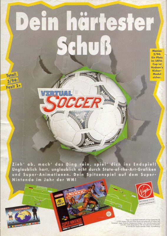 Virtual Soccer Magazine Advertisement (Magazine Advertisements): Total! (Germany), Issue 06/1994
