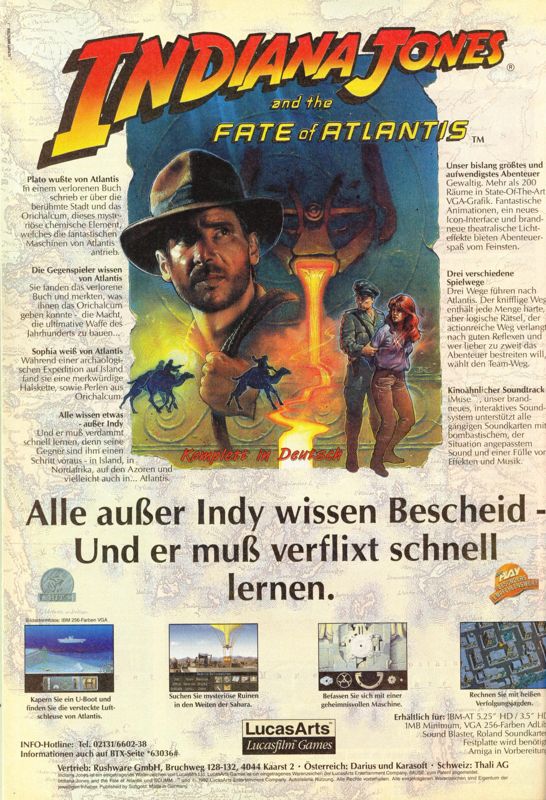 Indiana Jones and the Fate of Atlantis Magazine Advertisement (Magazine Advertisements): Power Play (Germany), Issue 10/1992