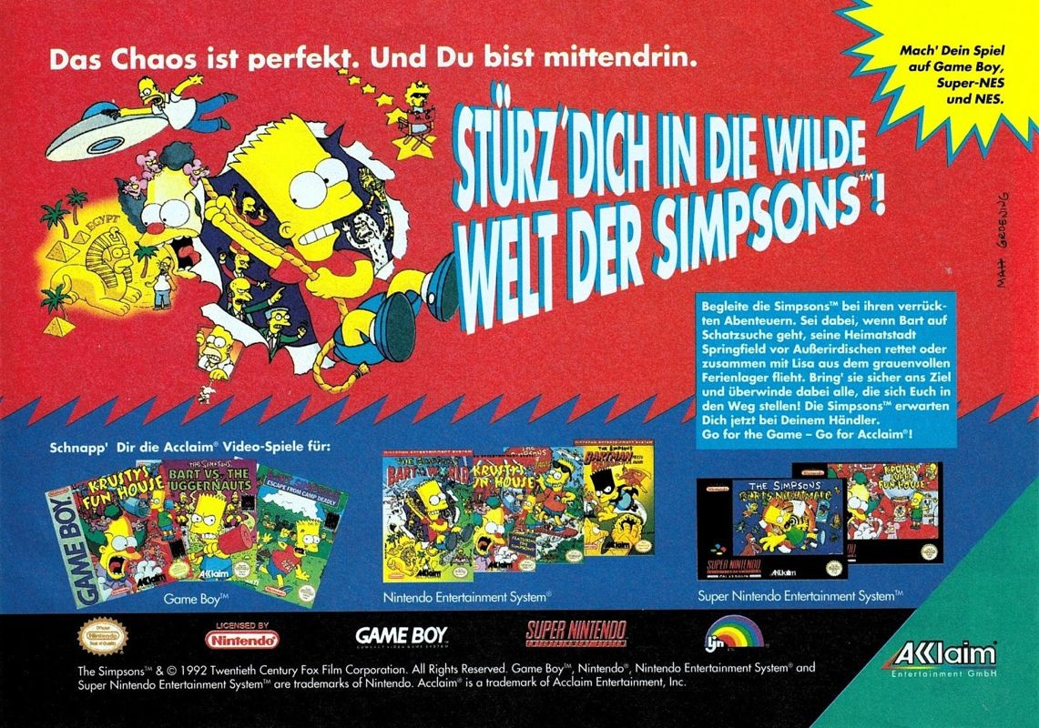 The Simpsons: Bart vs. the World Magazine Advertisement (Magazine Advertisements): Video Games (Germany), Issue 03/1993