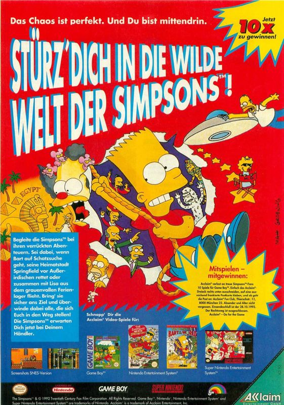 The Simpsons: Bart vs. the World Magazine Advertisement (Magazine Advertisements): Video Games (Germany), Issue 10/1992