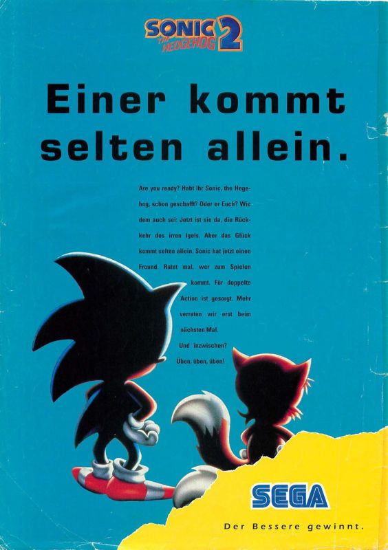 Sonic the Hedgehog 2 Magazine Advertisement (Magazine Advertisements): Video Games (Germany), Issue 10/1992