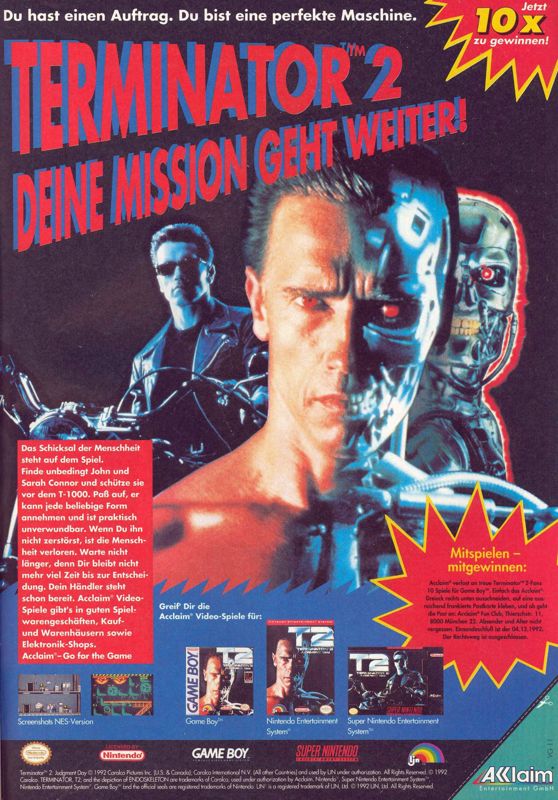 T2: Terminator 2 - Judgment Day Magazine Advertisement (Magazine Advertisements): Video Games (Germany), Issue 11/1992